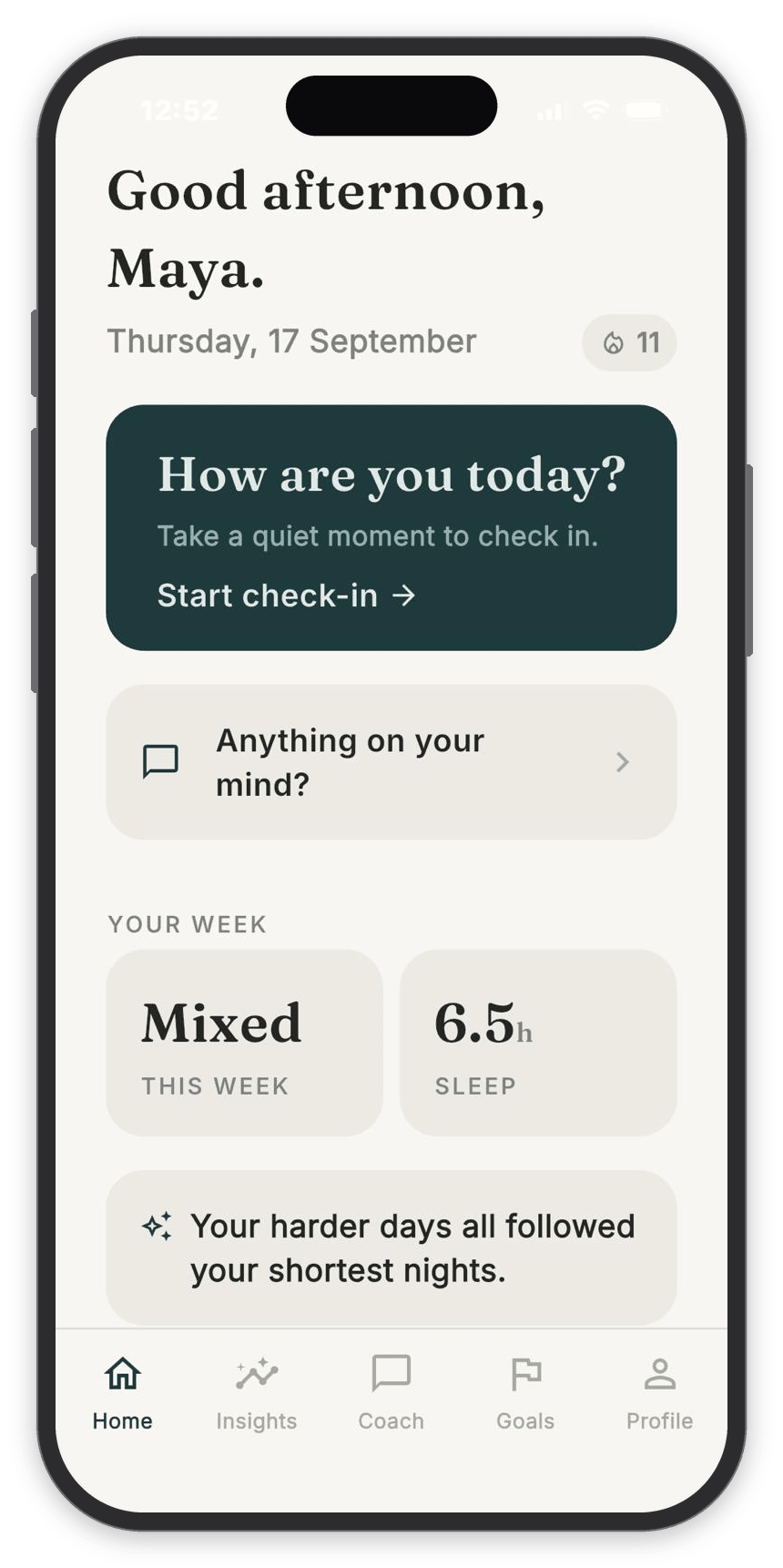 Kure app home screen, showing a check-in prompt and a summary of the week